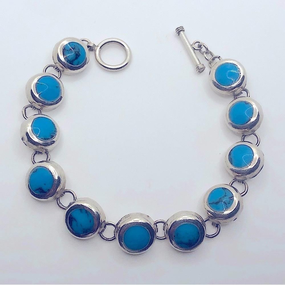 Vtg Sterling & Turquoise Circle Link Toggle Clasp Bracelet 7.5” / 39g